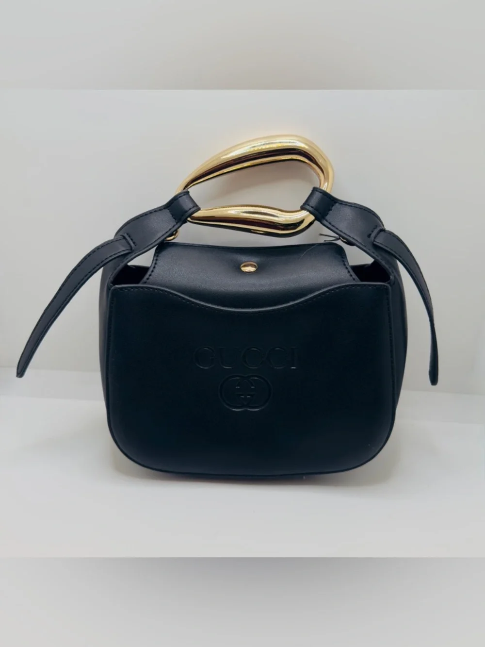 Fashionable Black Faux Leather Mini Hobo with Gold Handle